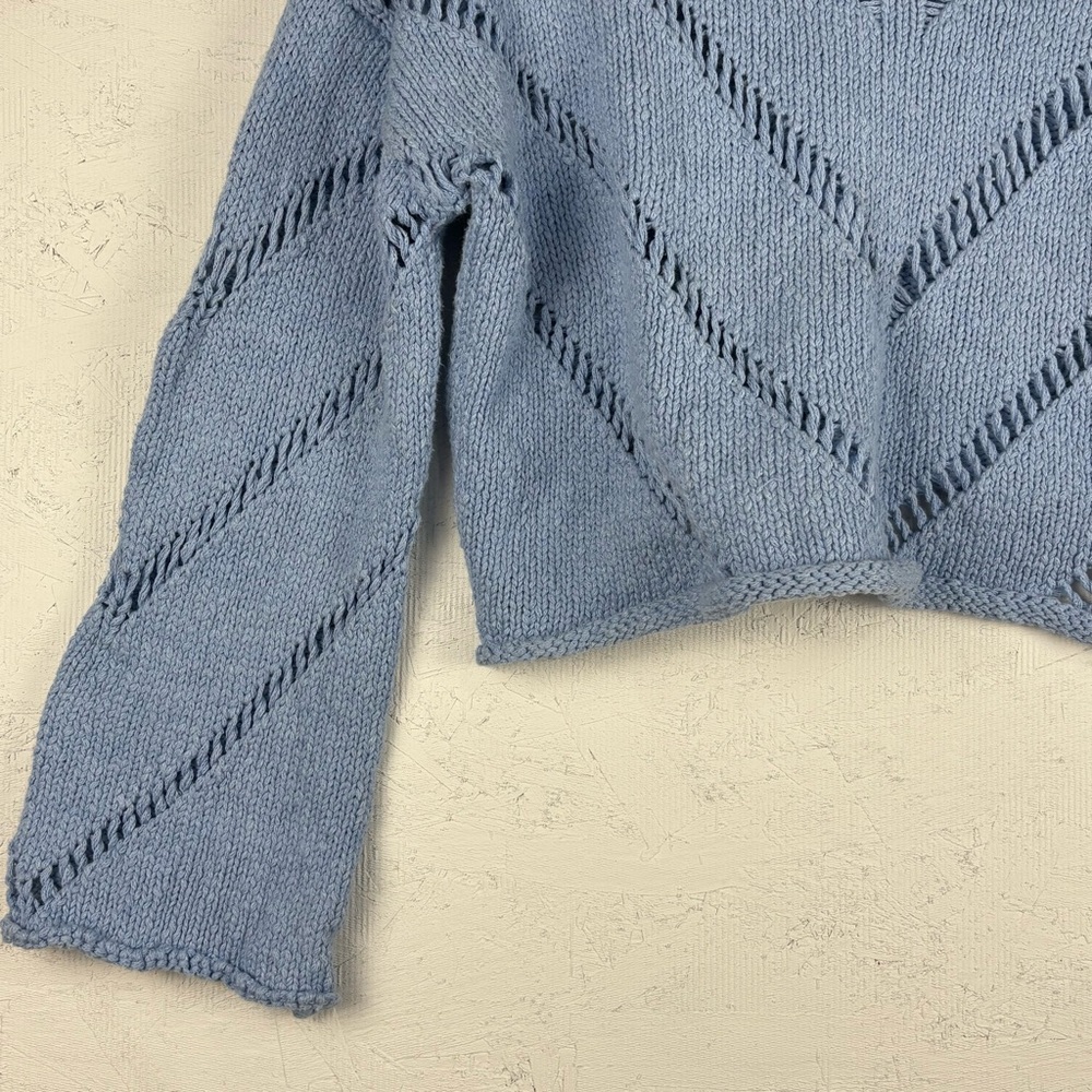 Bobbles & Lace Crocheted Baby Blue Cropped Chunky Sweater Bell Sleeves - Picture 8 of 8